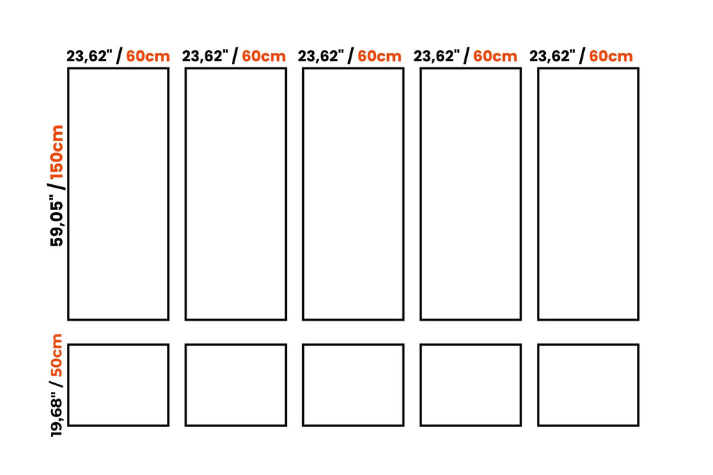 A simple diagram showing ten rectangular panels arranged in two rows on a white background, with printed dimensions in centimeters and inches above and along the left side.