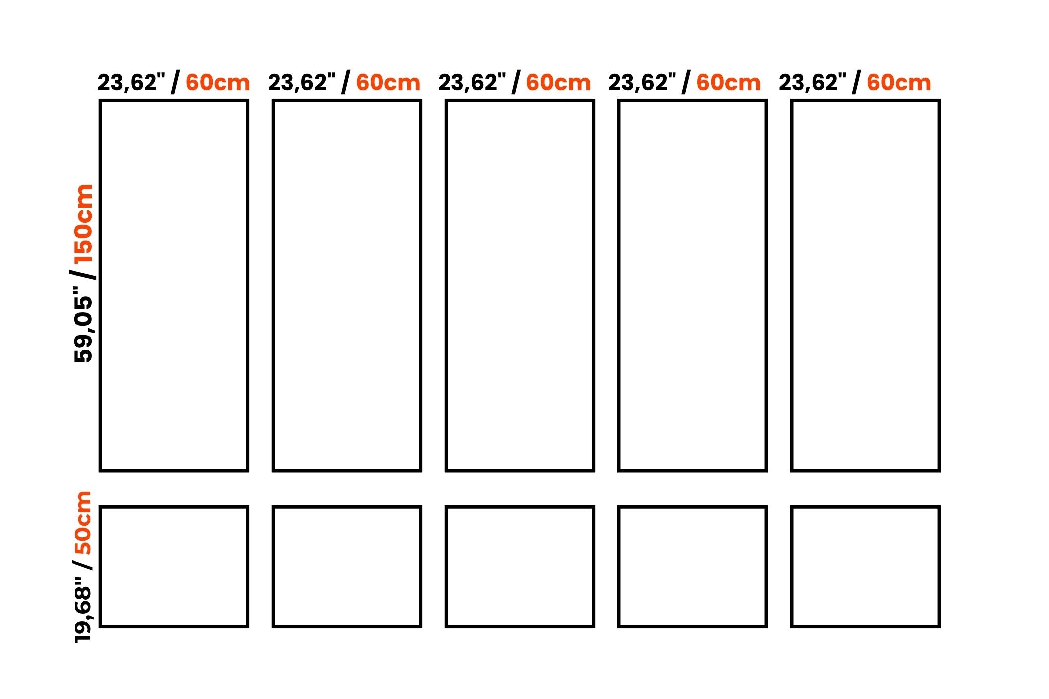A simple diagram showing ten rectangular panels arranged in two rows on a white background, with printed dimensions in centimeters and inches above and along the left side.