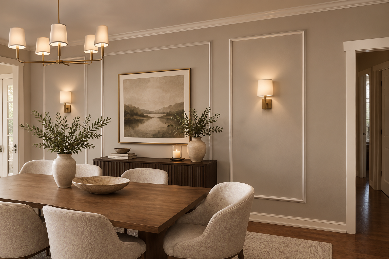 A styled dining room interior featuring a wooden dining table, six upholstered cream chairs, a dark wood sideboard with a framed landscape painting, wall sconces, and a brass chandelier.