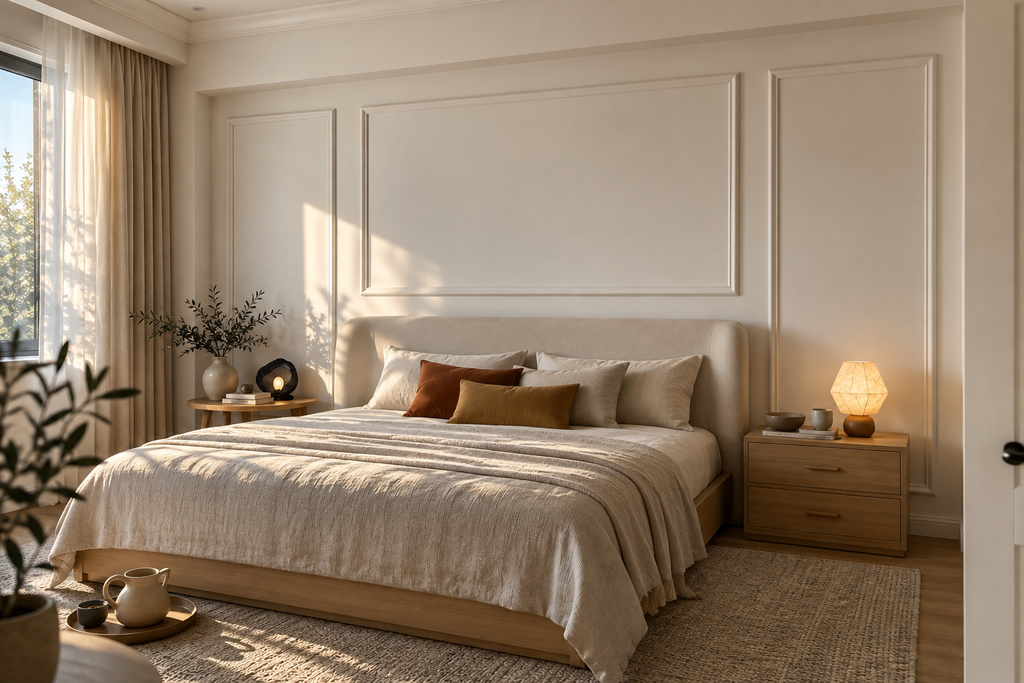 A beautifully styled bedroom featuring a bed dressed in beige and brown linens, set against a cream paneled wall. Two light wood nightstands with lit lamps flank the bed, and a window with sheer curtains is visible on the left.