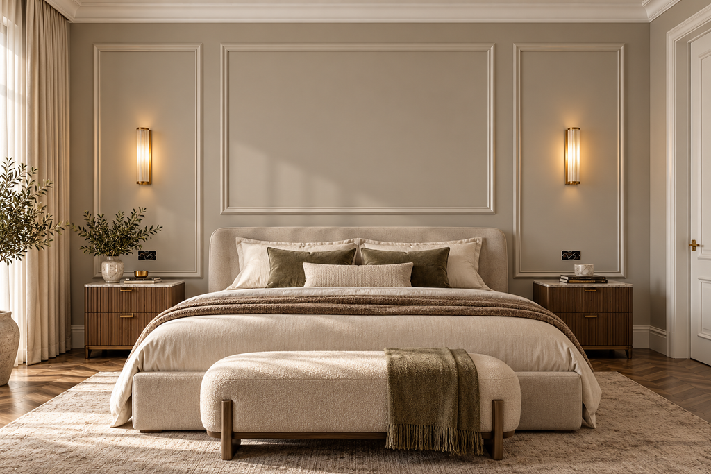 A beautifully styled bedroom featuring a large bed dressed in cream and olive green linens, flanked by matching wooden nightstands and warm wall sconces. A textured beige bench sits at the foot of the bed on a plush rug, set against a neutral beige paneled wall.