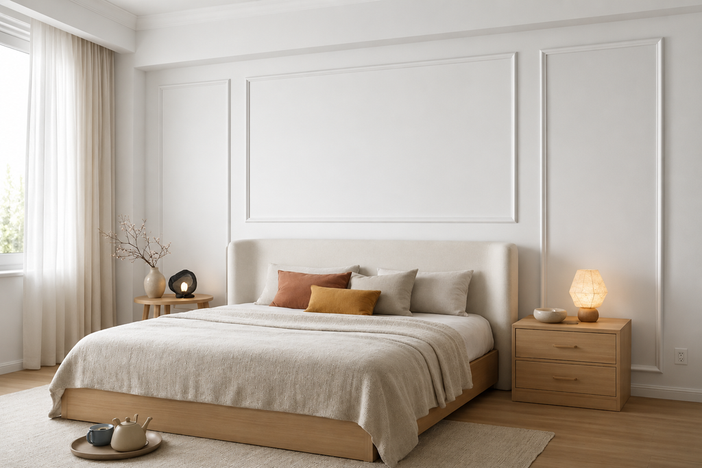 A modern bedroom featuring a low-profile platform bed with a light beige upholstered headboard, dressed in neutral beige linens and styled with accent pillows. The room has white walls with decorative molding, a light wood nightstand with a glowing lamp, and a window with sheer curtains on the left.
