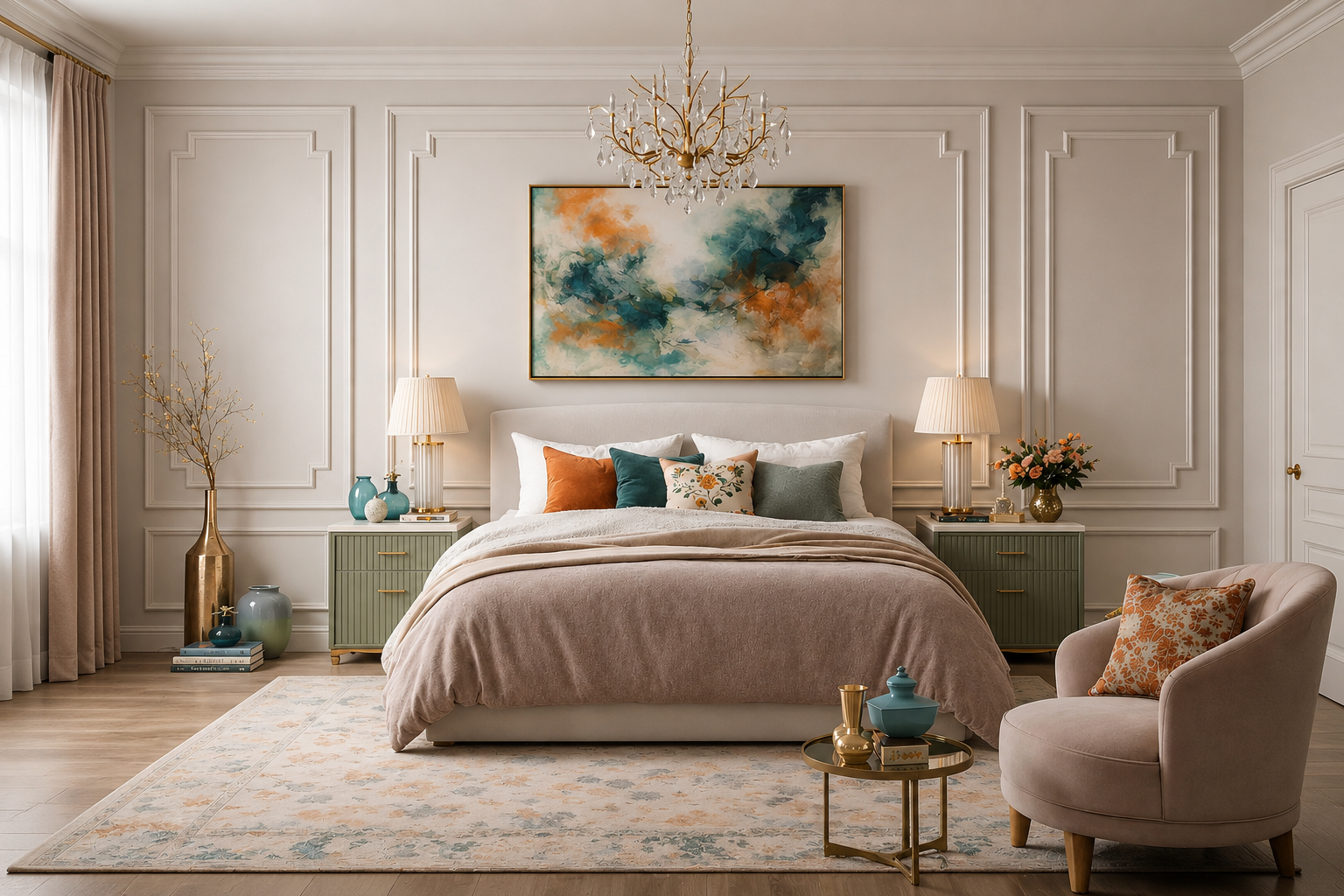 A beautifully styled bedroom featuring a large abstract painting with teal, orange, and blue tones on the wall above a neatly made bed. The room has elegant white paneling, a gold chandelier, a beige armchair, and soft green nightstands.