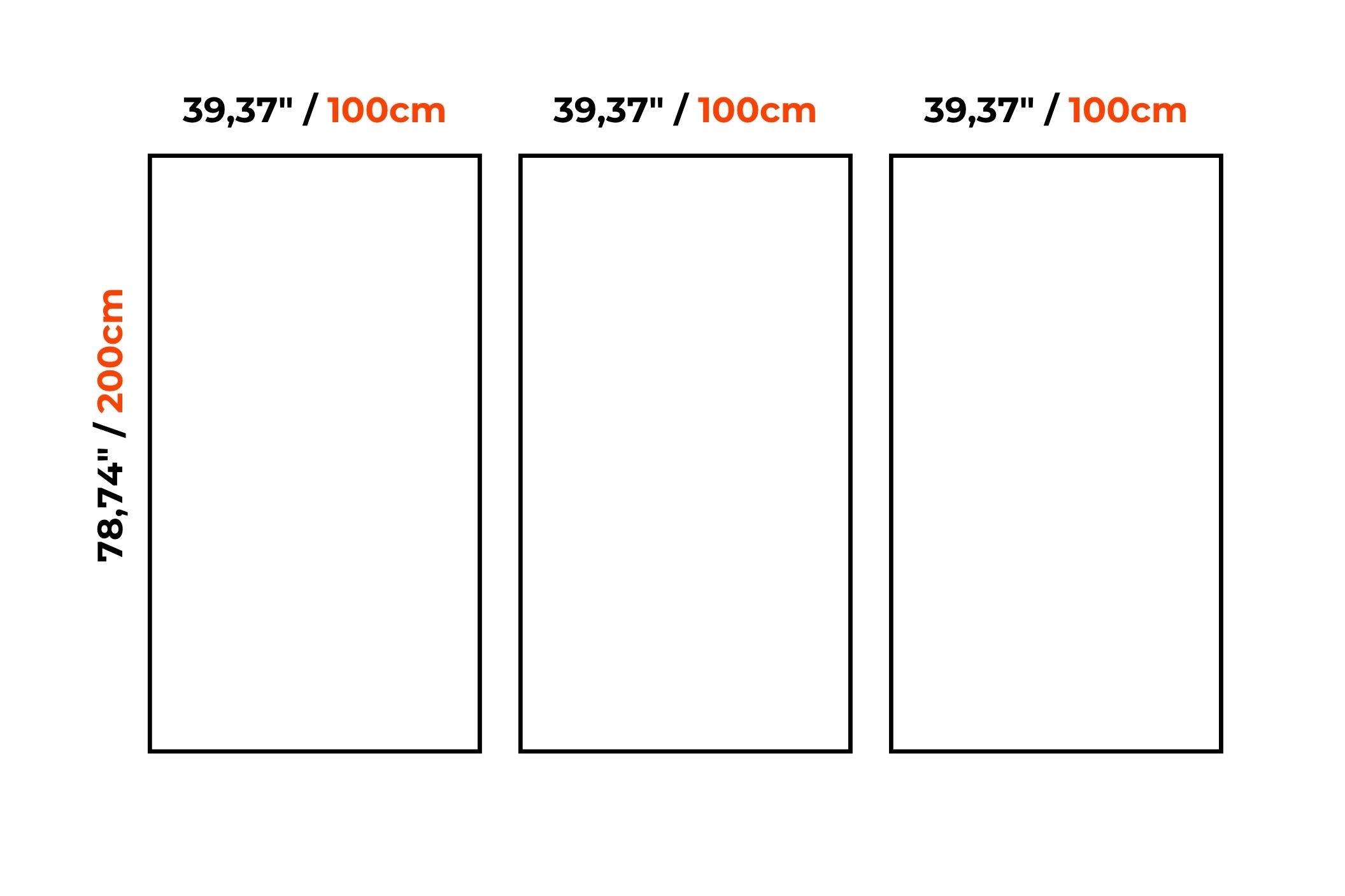 Three tall rectangular template boxes shown side by side on a white background, each labeled 39,37" / 100cm at the top and one box labeled 78,74" / 200cm along the left side.