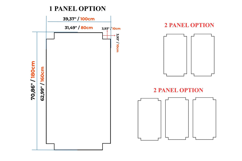 A product sizing diagram showing panel options with dimensions. The left side displays a large single panel option labeled '1 PANEL OPTION' with measurements in centimeters and inches.