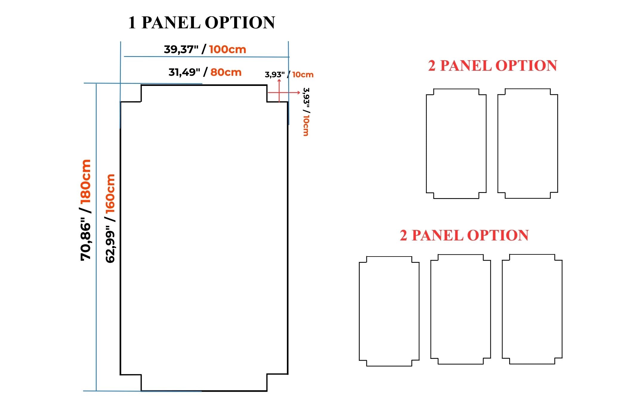 A product sizing diagram showing panel options with dimensions. The left side displays a large single panel option labeled '1 PANEL OPTION' with measurements in centimeters and inches.