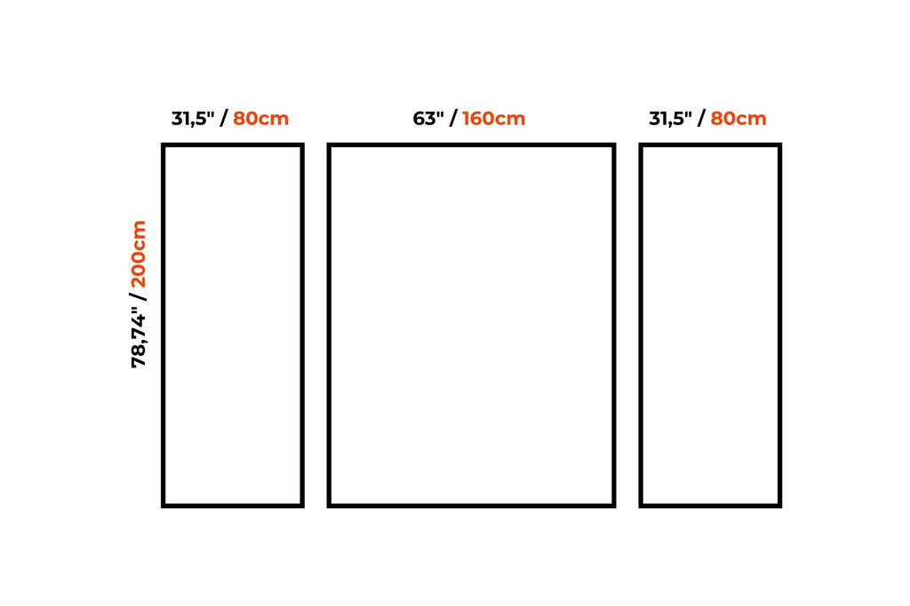 A simple diagram showing three rectangular panels with printed dimensions: 31,5 inches / 80 cm tall on the left and right panels, and 63 inches / 160 cm tall in the center panel. Black outlines and black dimension lines are shown on a white background, with the measurements labeled in black and orange-red text.