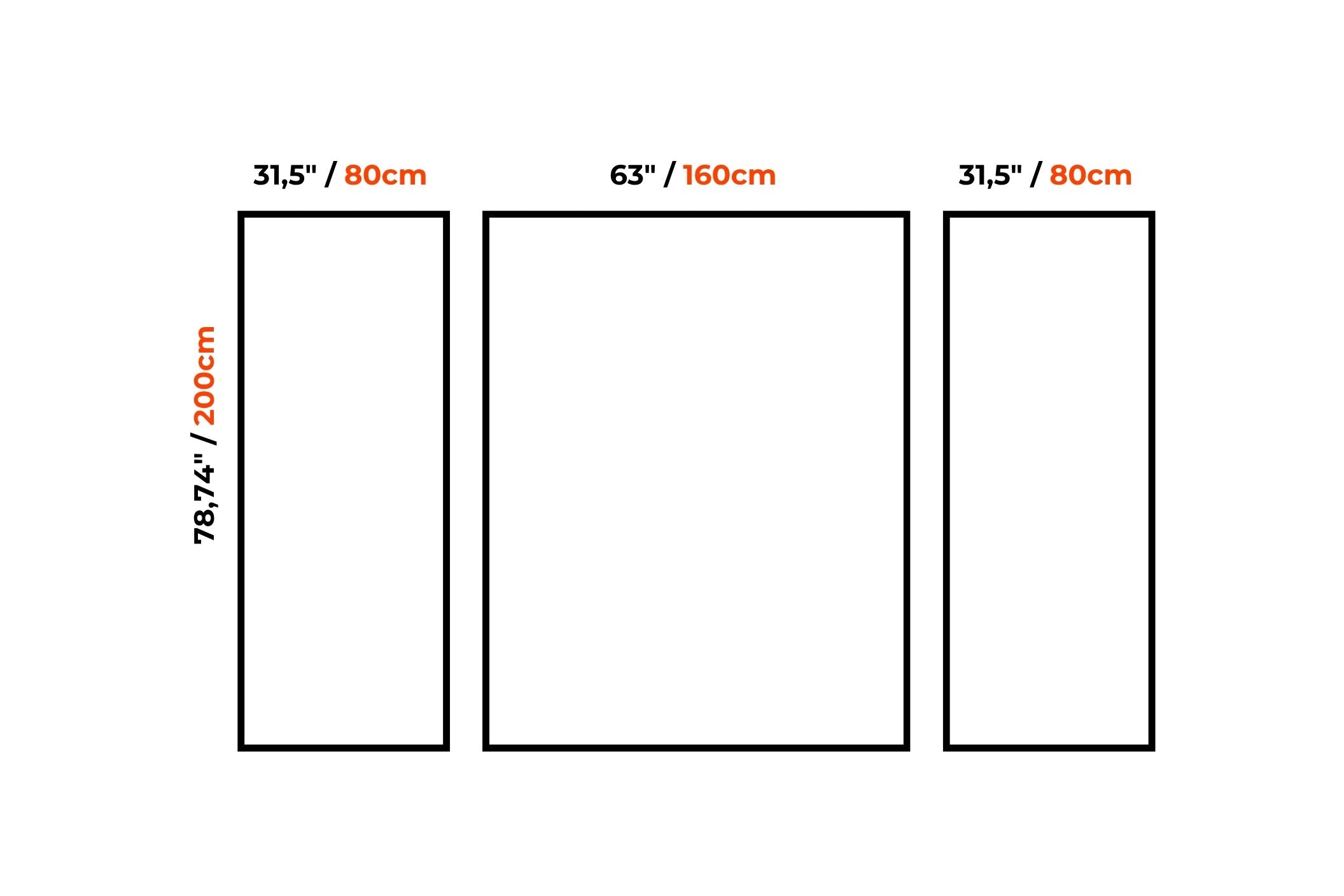 A simple diagram showing three rectangular panels with printed dimensions: 31,5 inches / 80 cm tall on the left and right panels, and 63 inches / 160 cm tall in the center panel. Black outlines and black dimension lines are shown on a white background, with the measurements labeled in black and orange-red text.