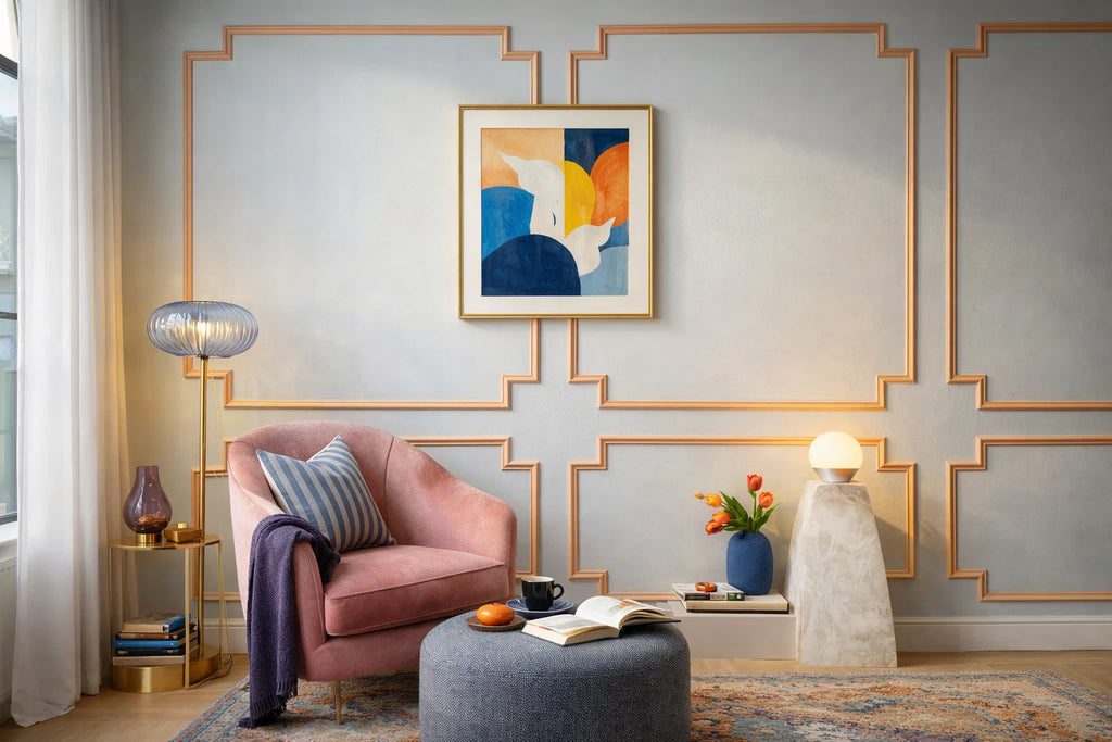 A styled interior room scene featuring a pink armchair with a striped pillow, a round gray ottoman, a gold side table, a blue floor lamp, and a framed abstract painting on a decorative paneled wall.