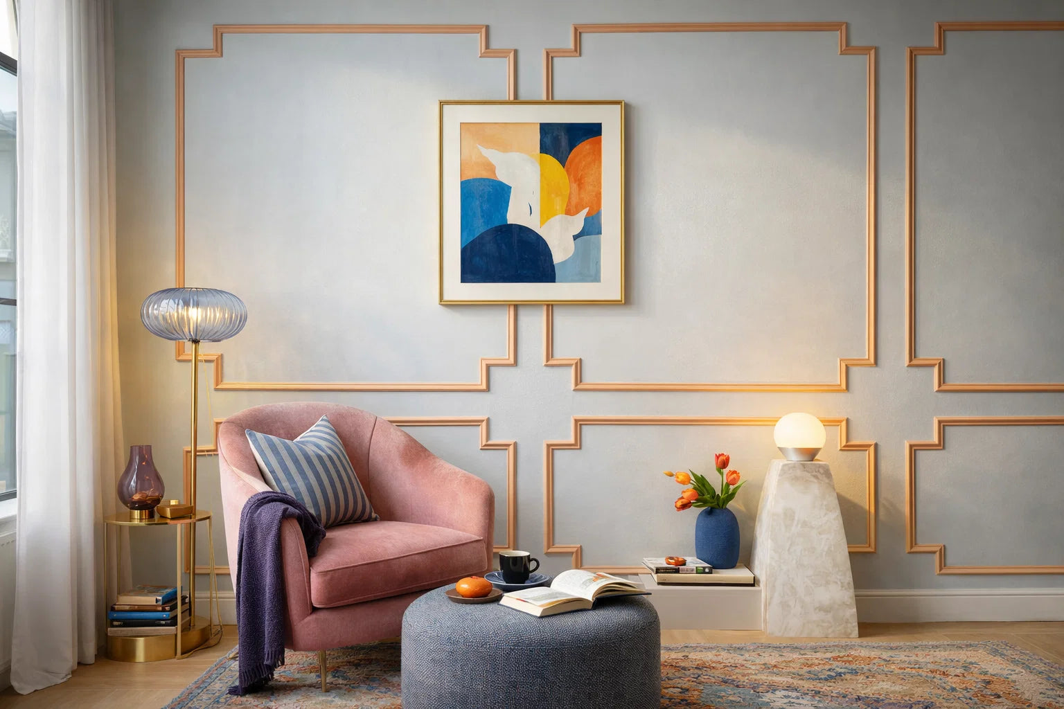 A styled interior room scene featuring a pink armchair with a striped pillow, a round gray ottoman, a gold side table, a blue floor lamp, and a framed abstract painting on a decorative paneled wall.