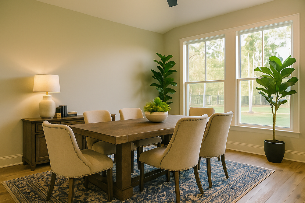 Dining room with wooden table and chairs near a large window with plants.
