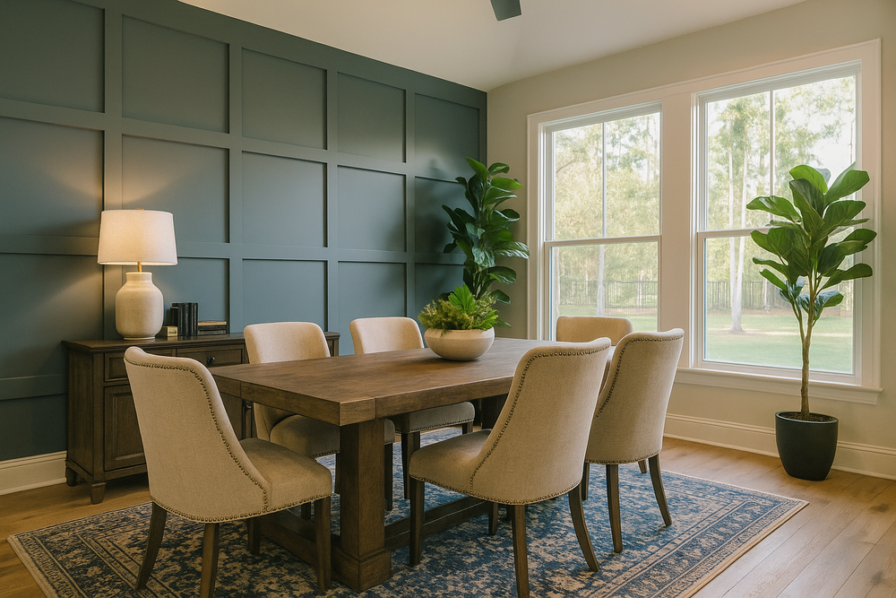 Dining room with wooden table and chairs, green wall paneling, and large windows.