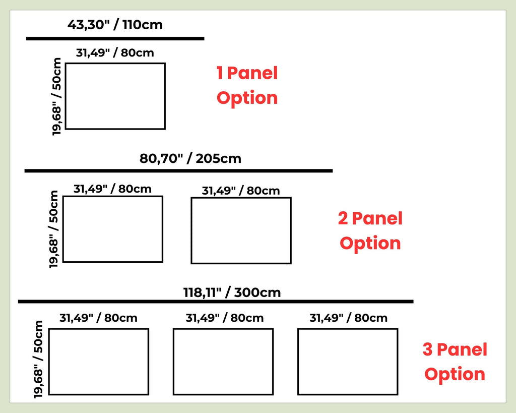 wall molding kit diagram showing different panel options with dimensions in centimeters.