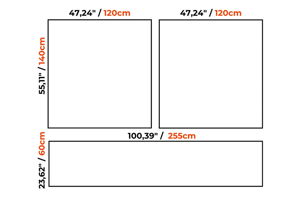A simple diagram showing three rectangular panels with printed dimensions in inches and centimeters on a white background: two tall panels labeled 47,24" / 120cm wide and 55,11" / 140cm tall, and one wide panel labeled 100,39" / 255cm wide and 23,62" / 60cm tall.
