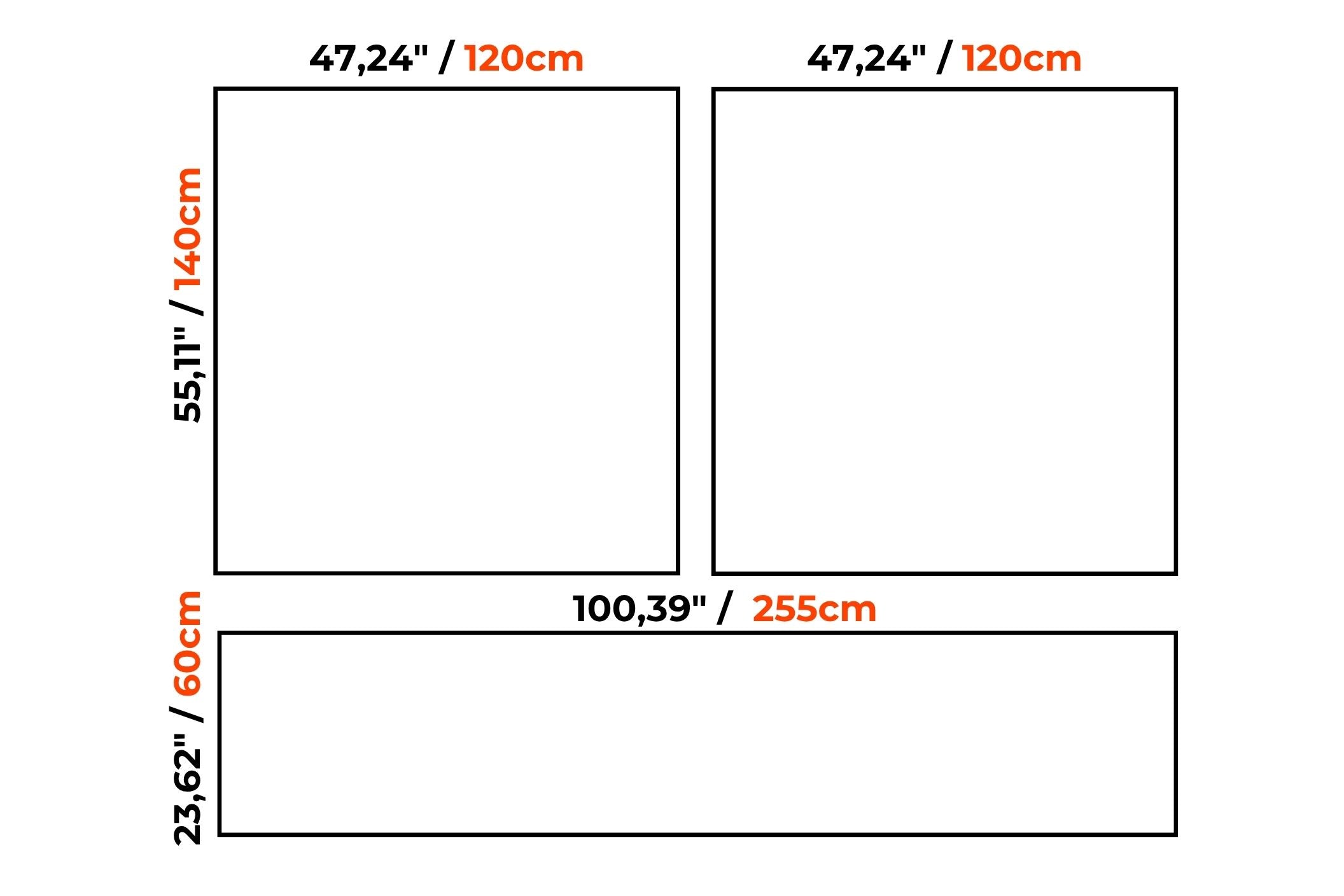 A simple diagram showing three rectangular panels with printed dimensions in inches and centimeters on a white background: two tall panels labeled 47,24" / 120cm wide and 55,11" / 140cm tall, and one wide panel labeled 100,39" / 255cm wide and 23,62" / 60cm tall.