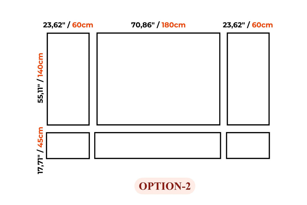 A dimension diagram showing layout options for a rectangular panel or poster, with black outlined sections, red dimension labels, and the text 'OPTION-2' at the bottom on a white background.
