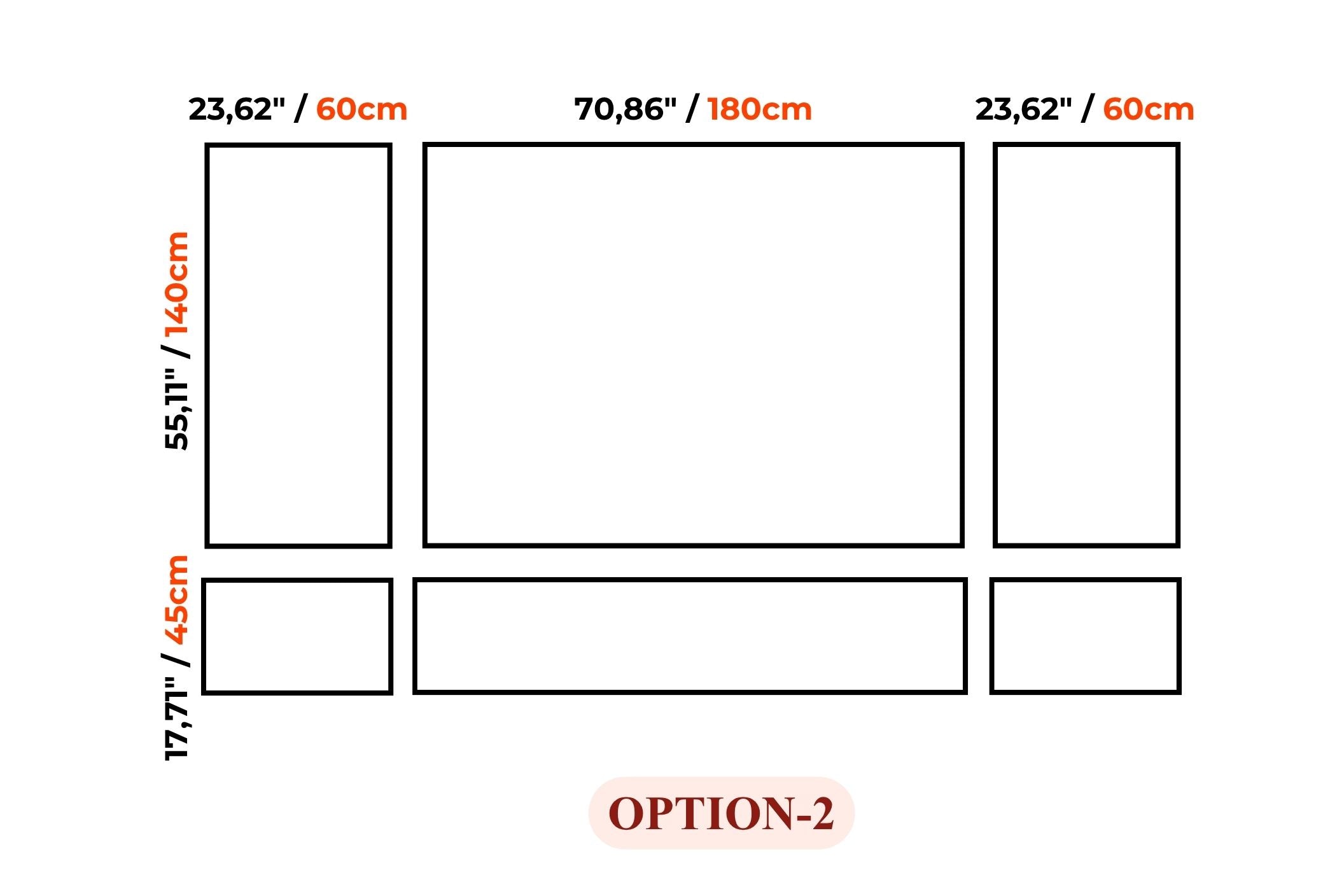A dimension diagram showing layout options for a rectangular panel or poster, with black outlined sections, red dimension labels, and the text 'OPTION-2' at the bottom on a white background.
