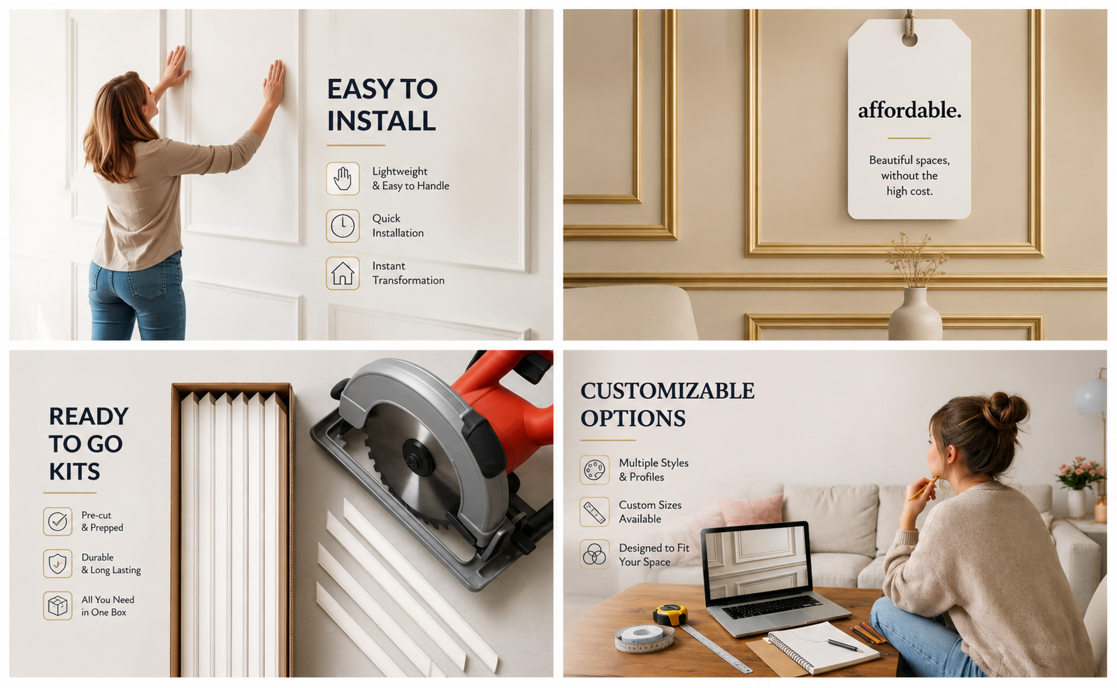 wall_molding_kit_features_overview-Collage of images showing a woman installing wall panels, including easy to install, affordable price, ready to go kits, customizable options