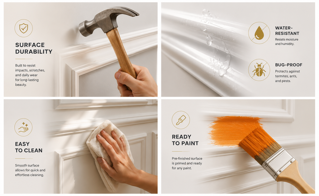 wall_molding_kit_features_overview-durability, water resistance, bug-proofing, easy cleaning, and readiness to paint.