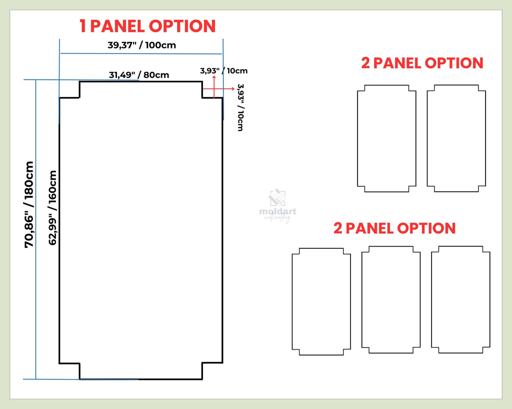 wall molding kit measurements diagram showing dimensions of panel options with measurements in centimeters.