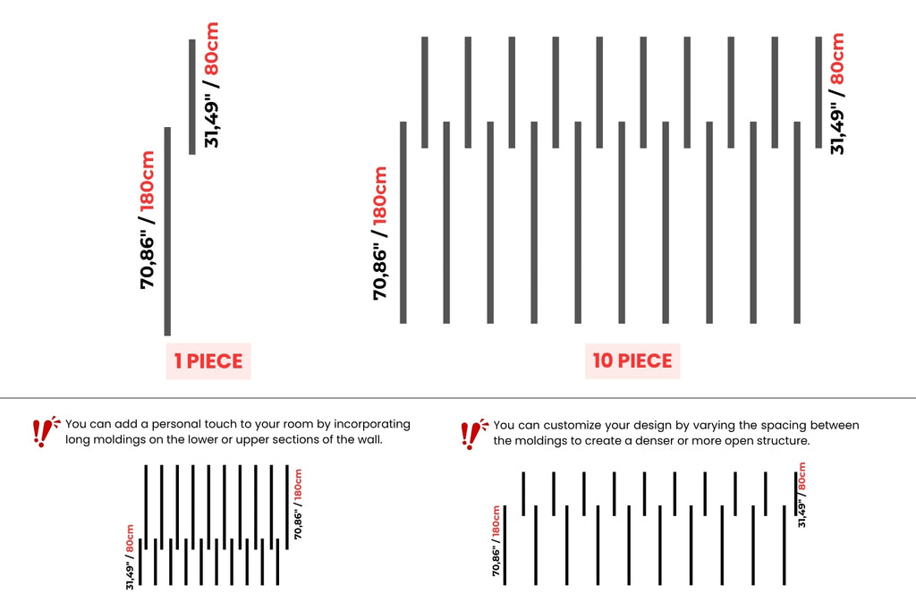 Measurement chart showing dimensions of wall moldings in centimeters and feet.