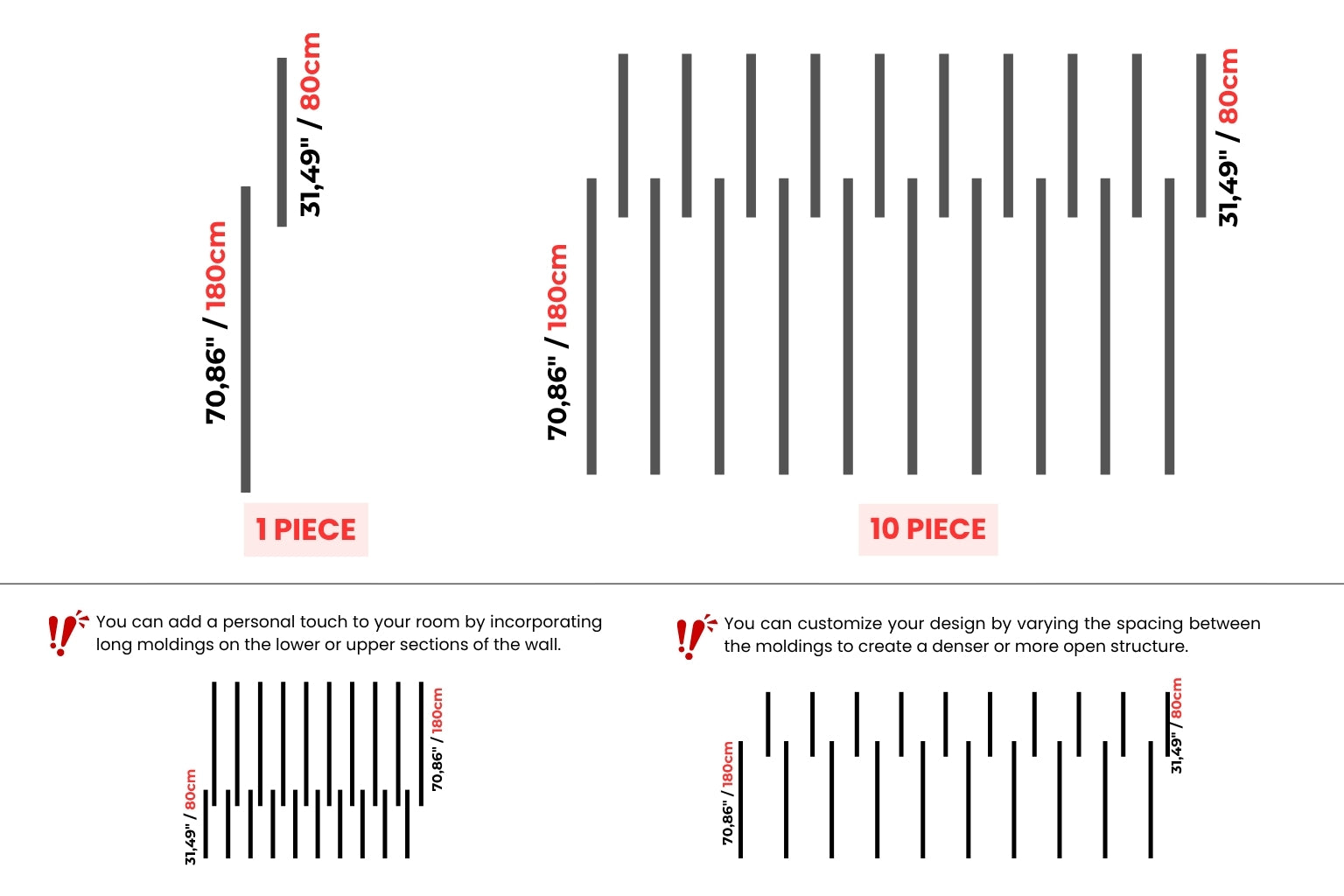 Measurement chart showing dimensions of wall moldings in centimeters and feet.