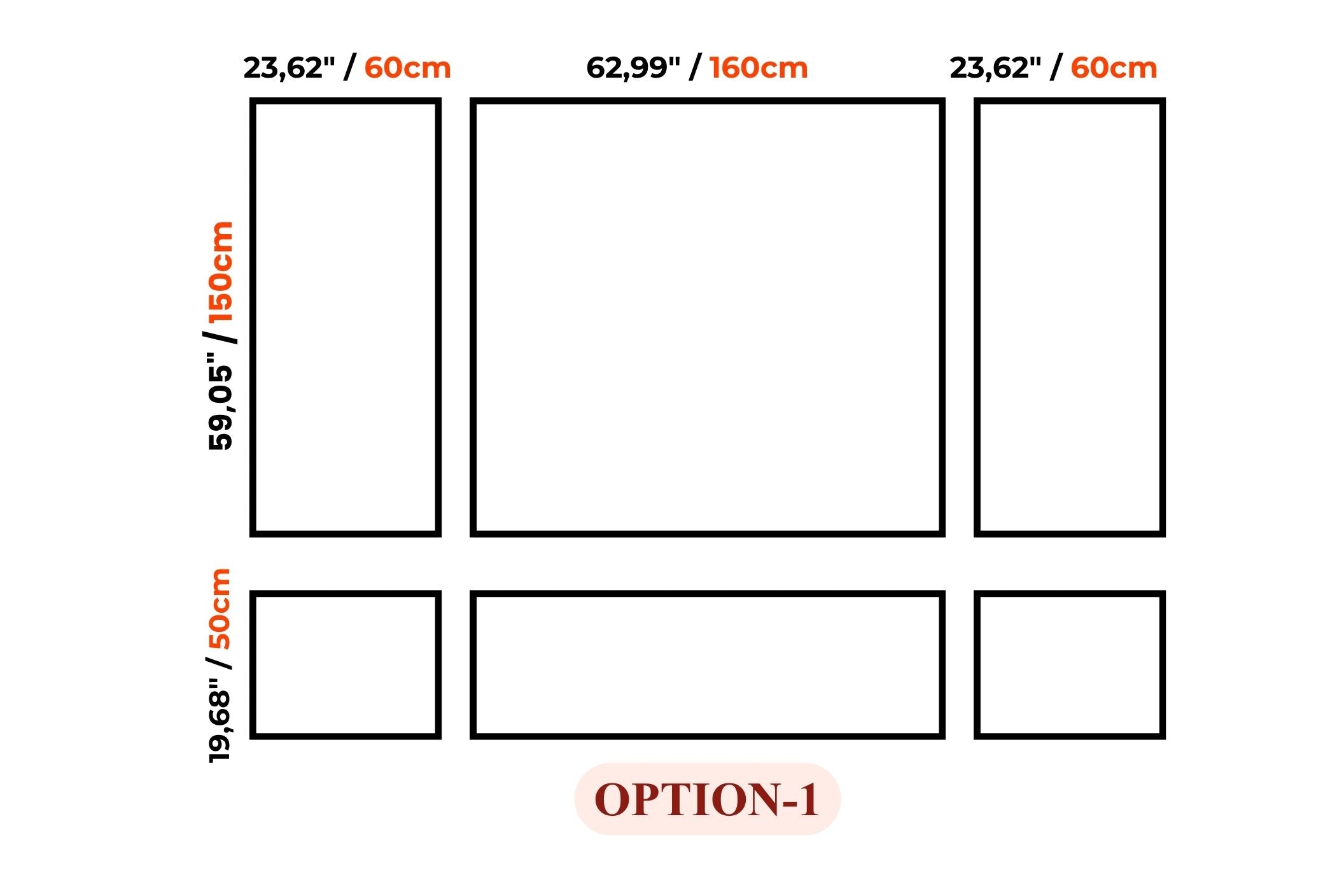 A product layout diagram showing six rectangular panels arranged in two rows, labeled with dimensions in centimeters and inches. The layout is labeled OPTION-1 and includes measurements such as 23,62" / 60cm, 62,99" / 160cm, 59,05" / 150cm, 19,68" / 50cm, and 23,62" / 60cm.