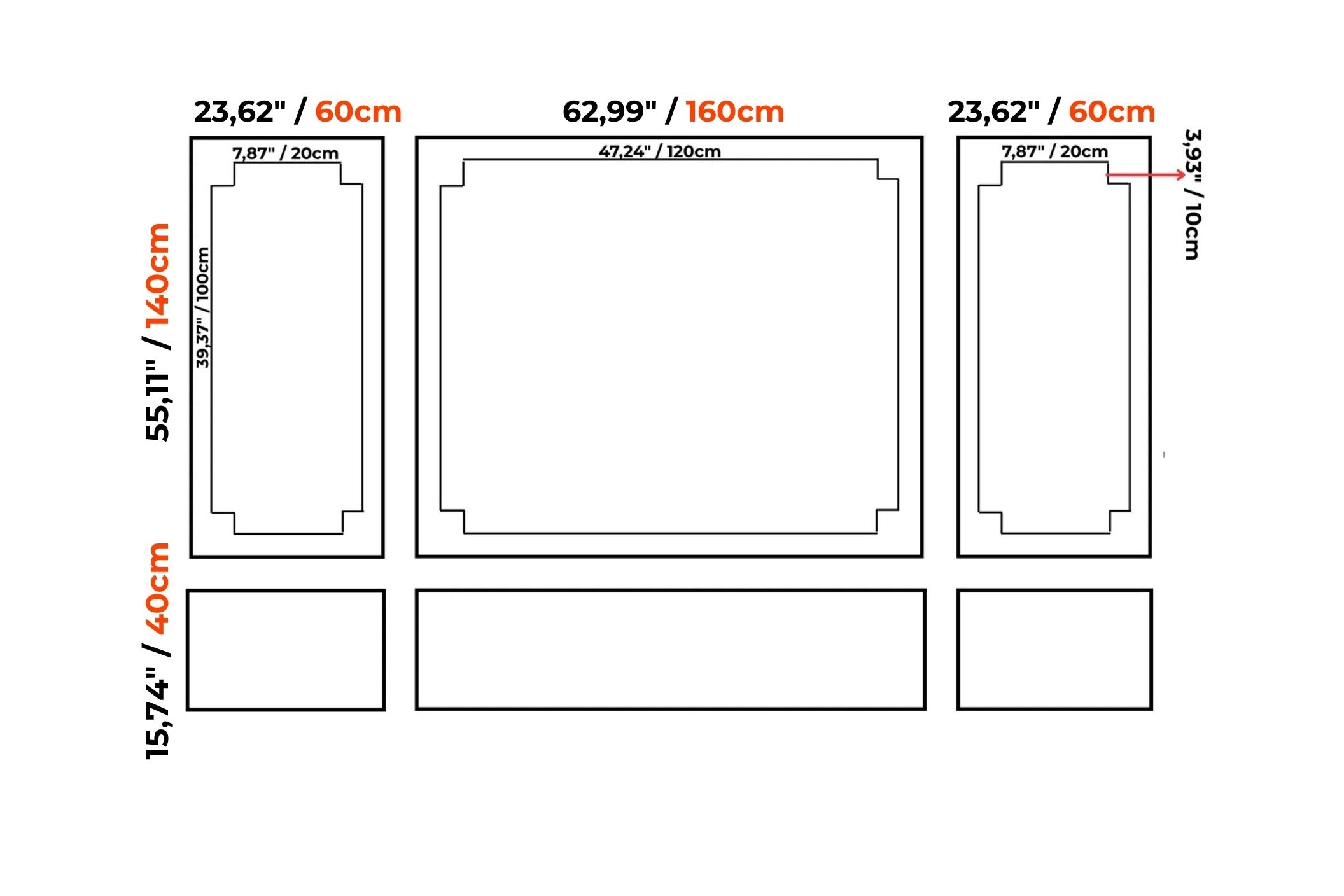 A black-and-white product layout diagram showing multiple rectangular panel sizes with printed dimensions in inches and centimeters, including labels such as 23,62" / 60cm, 62,99" / 160cm, and 15,74" / 40cm.