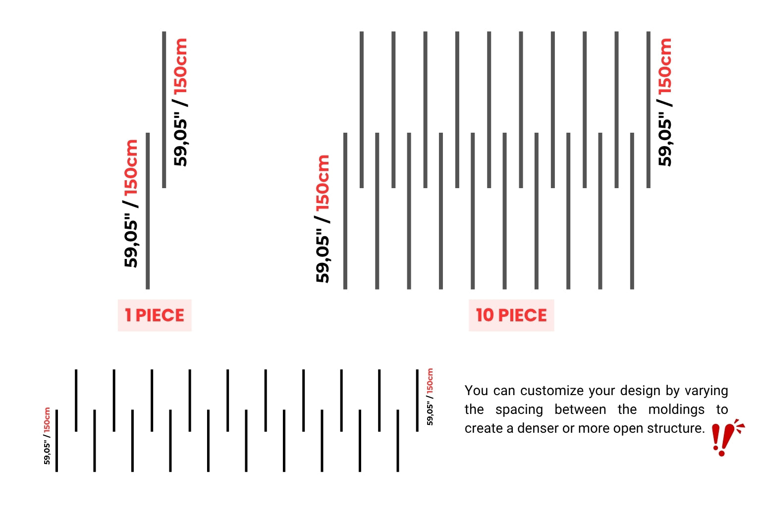 Measurement chart for molding spacing with text instructions on customization.