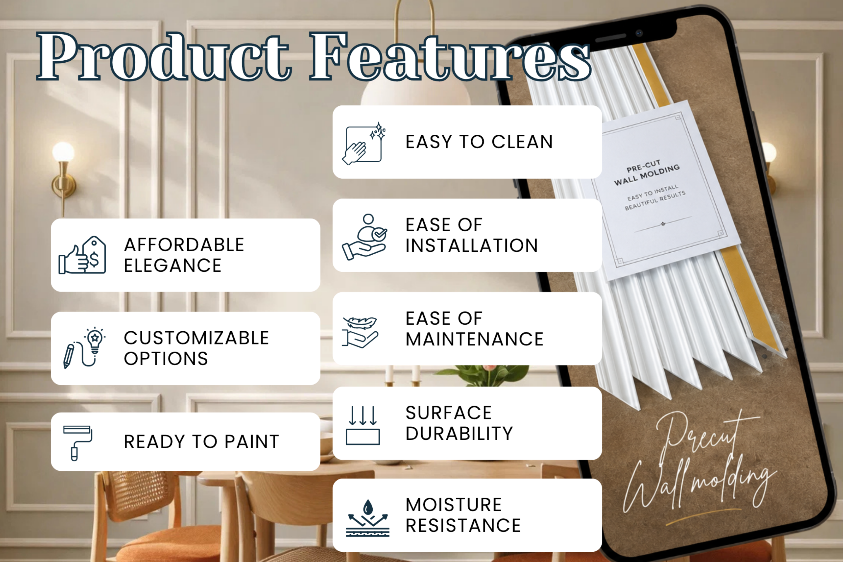 Product features infographic for a custom wall molding product, displayed on a smartphone screen with text callouts including 'EASY TO CLEAN', 'AFFORDABLE ELEGANCE', 'EASE OF INSTALLATION', 'CUSTOMIZABLE OPTIONS', 'READY TO PAINT', 'SURFACE DURABILITY', and 'MOISTURE RESISTANCE'.