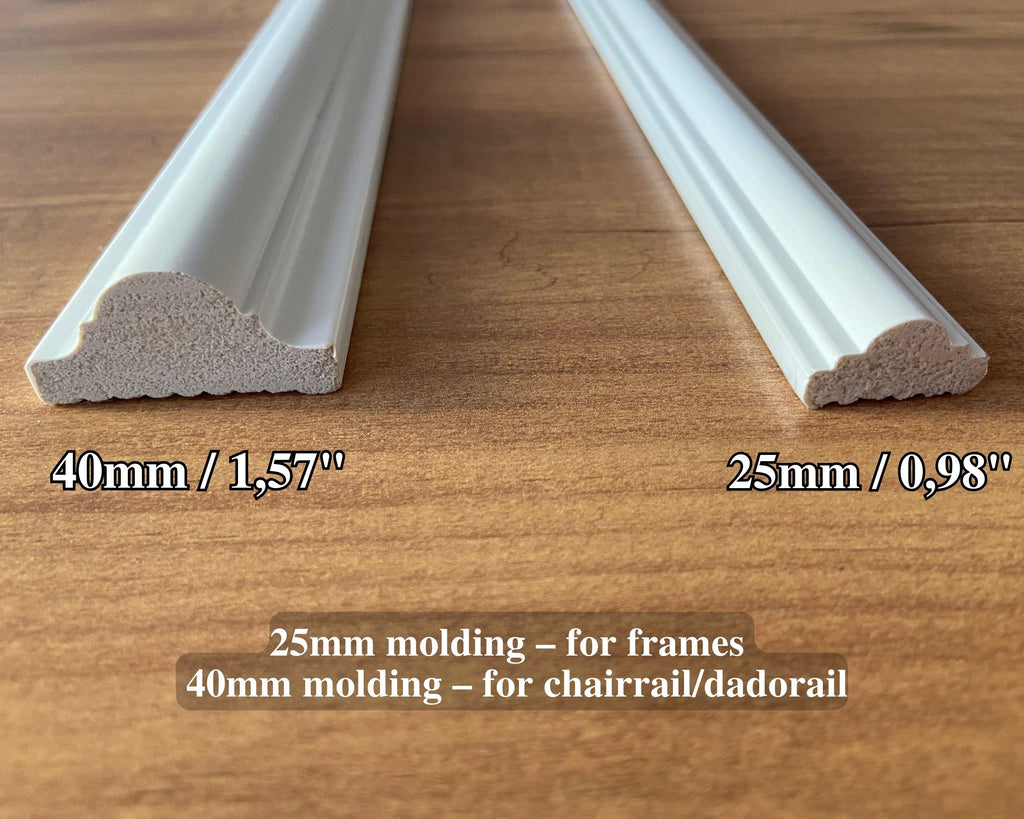 Two lengths of white wall molding on a wooden surface with measurements and descriptions.