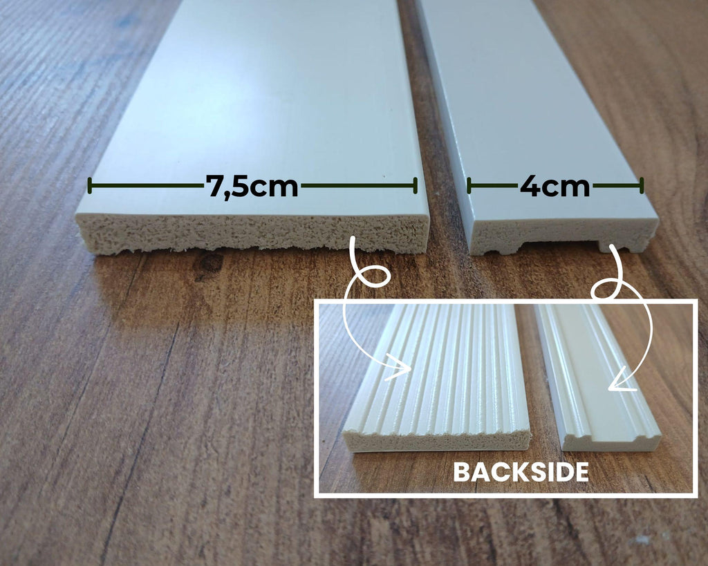 Two pieces of wooden trim with measurements and a close-up of the backside on a wooden surface.