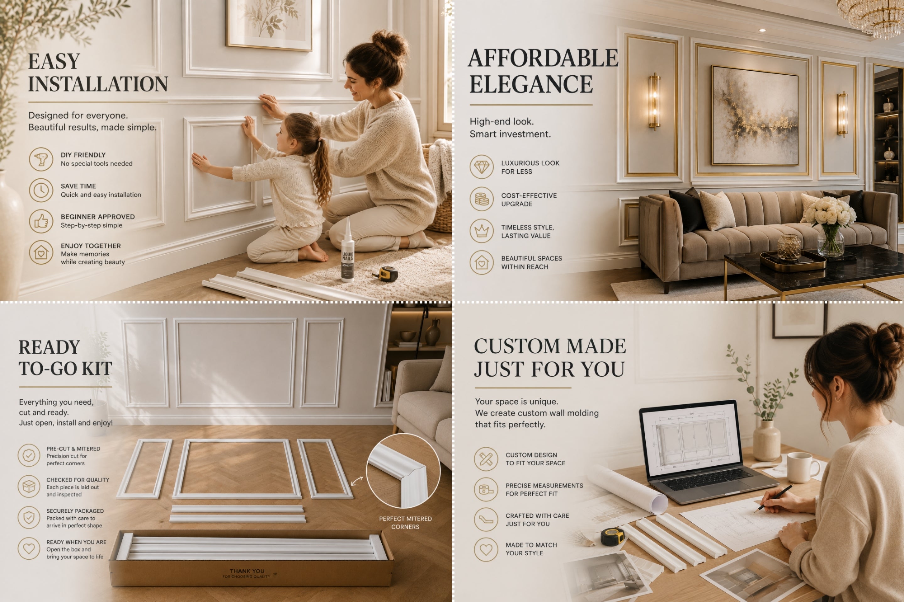 A four-panel promotional collage for a wall-mounted picture frame kit. The top-left panel shows a woman and child installing a frame on a wall, with text about easy installation.
