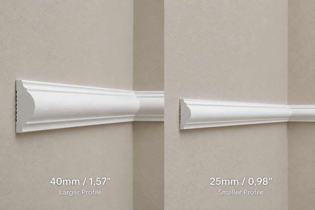 Two side-by-side views of a white decorative molding trim piece mounted on a beige textured wall, showing two profile sizes labeled 40mm / 1.57" Larger Profile and 25mm / 0.98"
