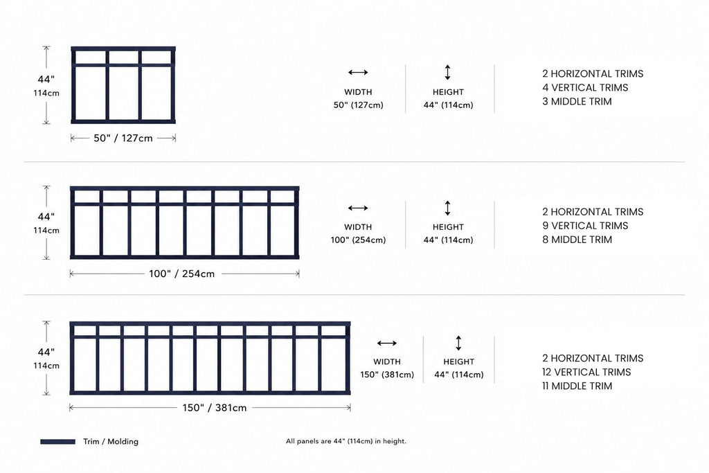 Technical drawing of window frames with dimensions and trim details on a white background