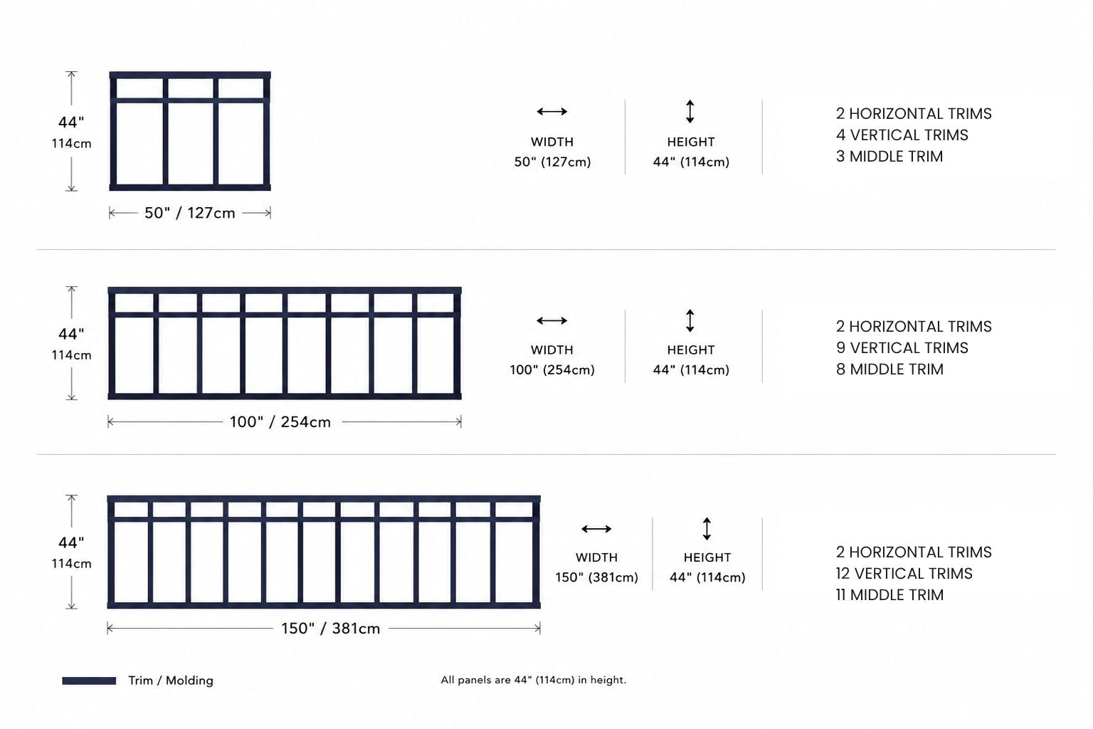 Technical drawing of window frames with dimensions and trim details on a white background