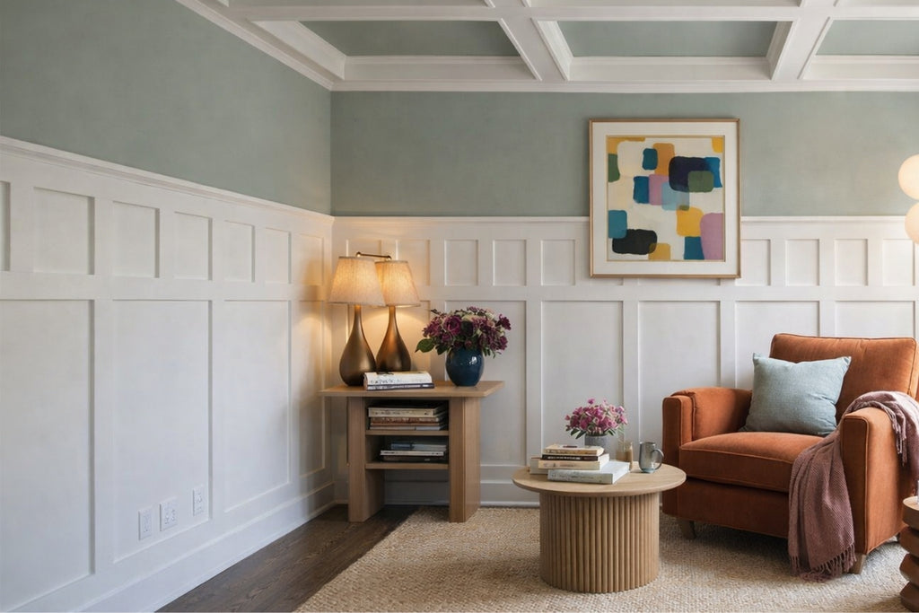 Window pane wall molding kit installed in a stylish living room featuring decorative grid wall panels and paintable polystyrene trim.