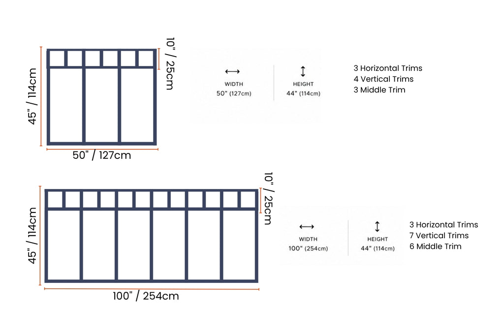 Diagram of window frame design with measurements and trim details on a white background