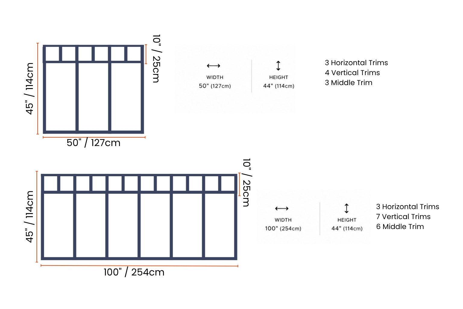 Diagram of window frame design with measurements and trim details on a white background